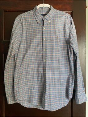 Polo Ralph Lauren Slim Fit Stretch Oxford Plaid Button Down Shirt Size L Blue